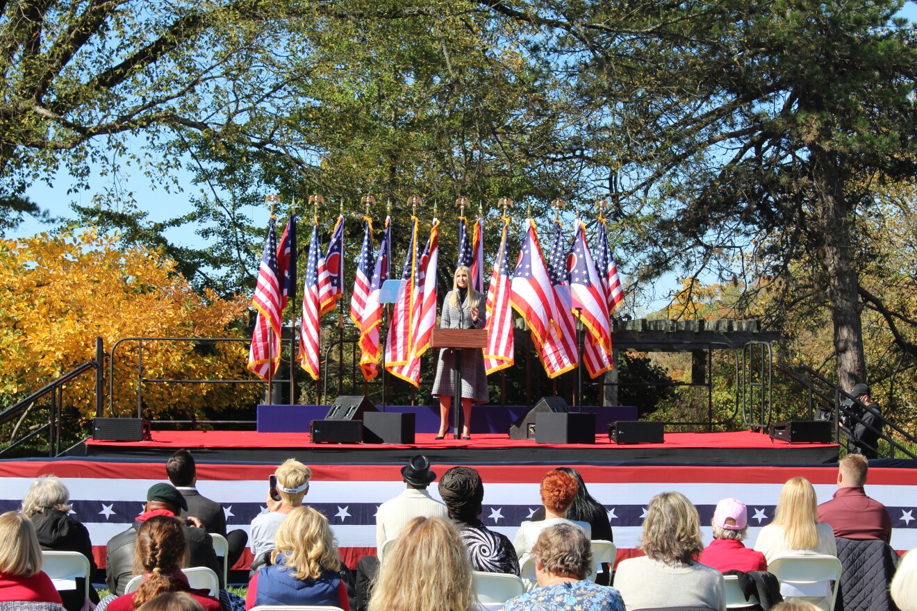 Ivanka Trump addresses hundreds of supporters during a campaign rally in Cincinnati's Ault Park on Oct. 16, 2020.